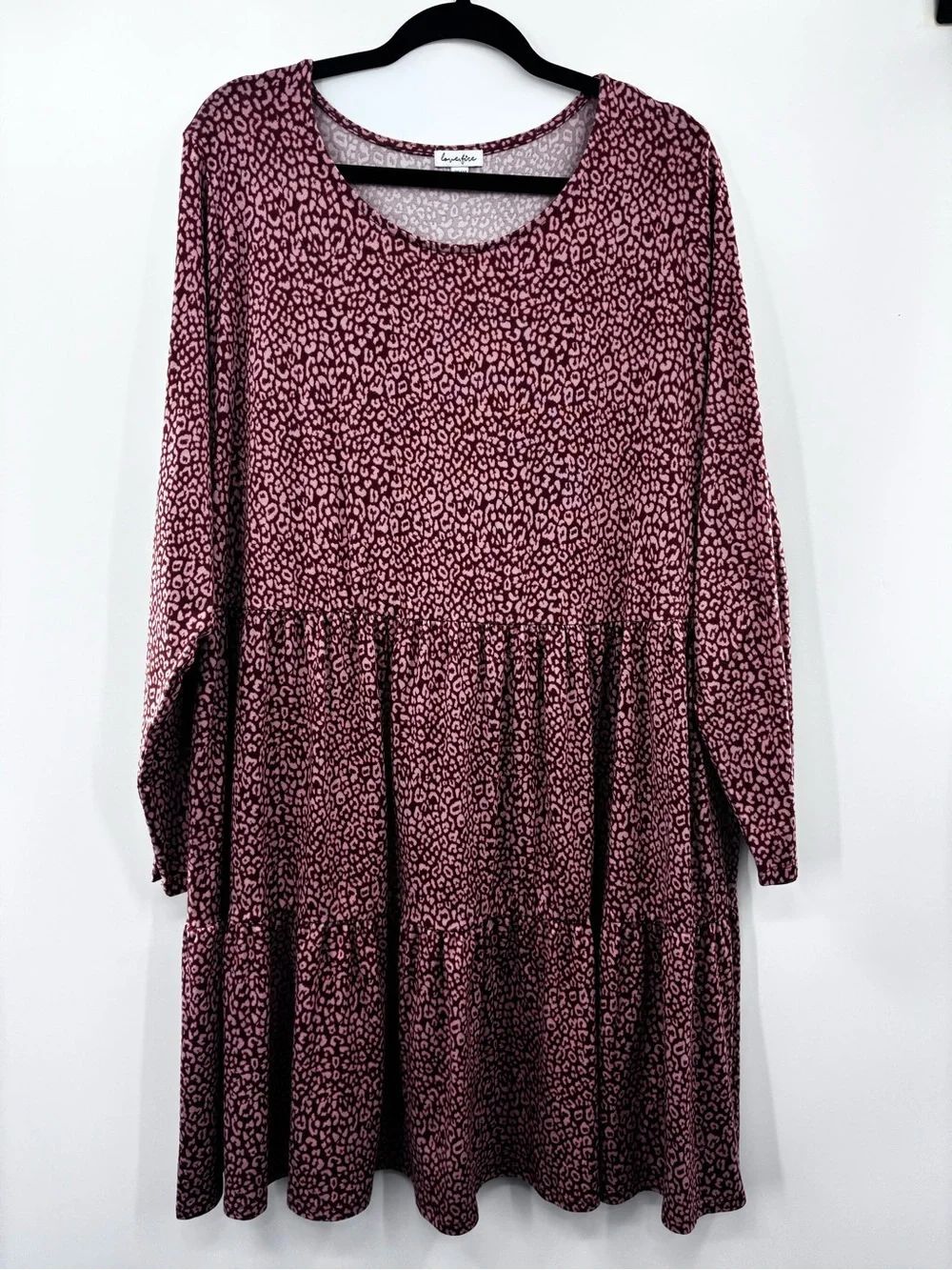 love, Fire Mauve Leopard-Print Tiered Long-Sleeve Dress Size Large